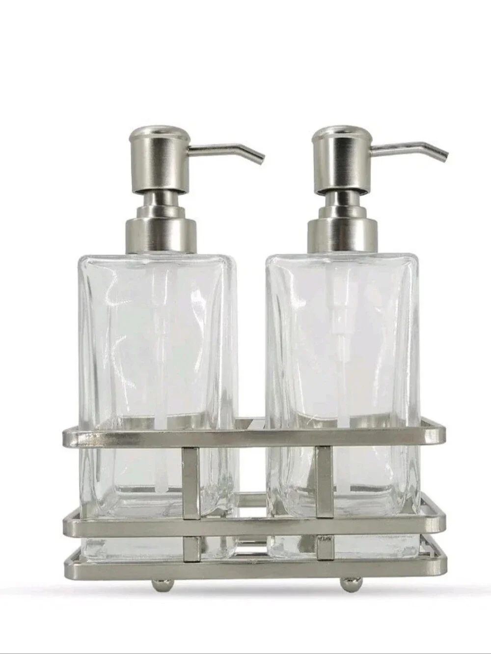 3 Piece Glass Bathroom Accessory Set Soap Dispenser Lotion Pump Satin Nickel NEW